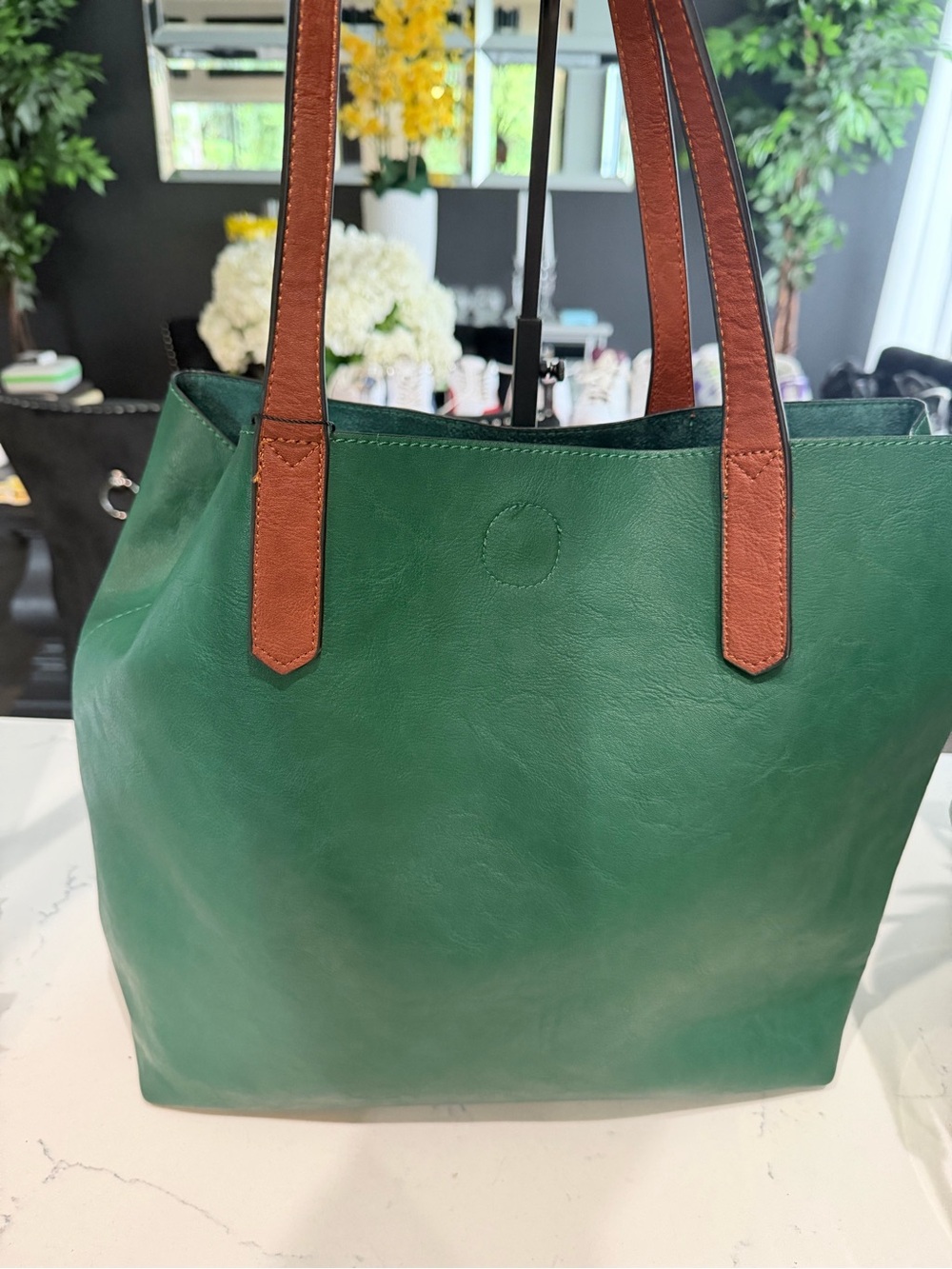 Green Leather Tote with Brown Shoulder Straps
